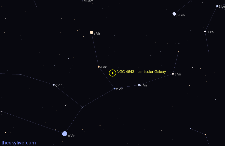 Finder chart NGC 4643 - Lenticular Galaxy in Virgo star