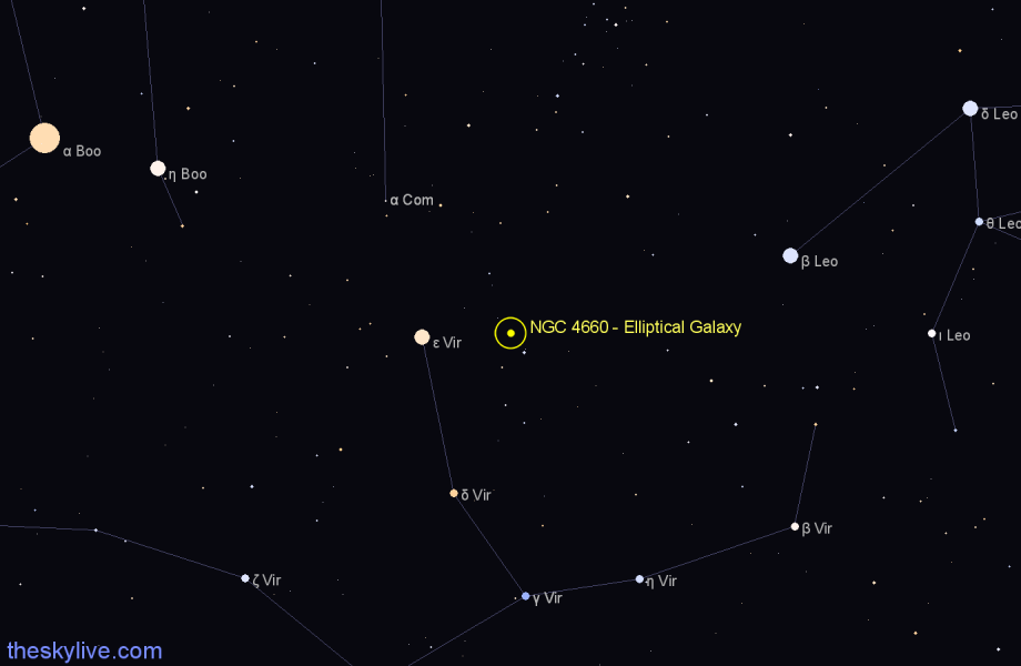 Finder chart NGC 4660 - Elliptical Galaxy in Virgo star