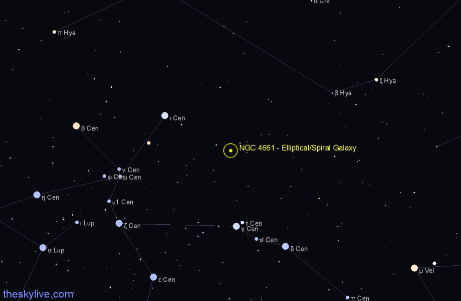 Finder chart NGC 4661 - Elliptical/Spiral Galaxy in Centaurus star