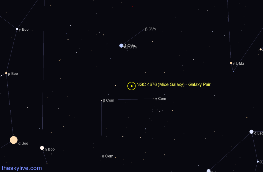 Finder chart NGC 4676 (Mice Galaxy) - Galaxy Pair in Coma Berenices star