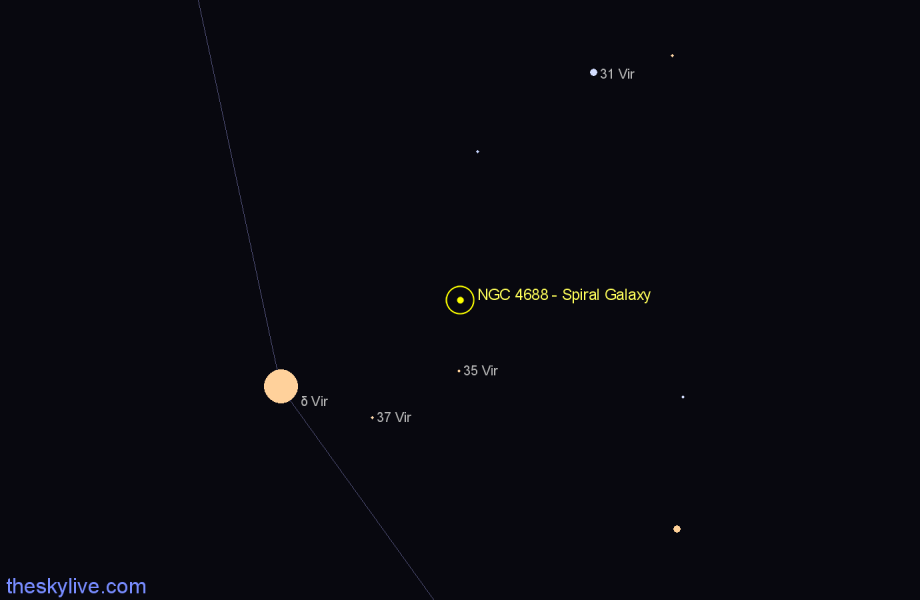 Finder chart NGC 4688 - Spiral Galaxy in Virgo star