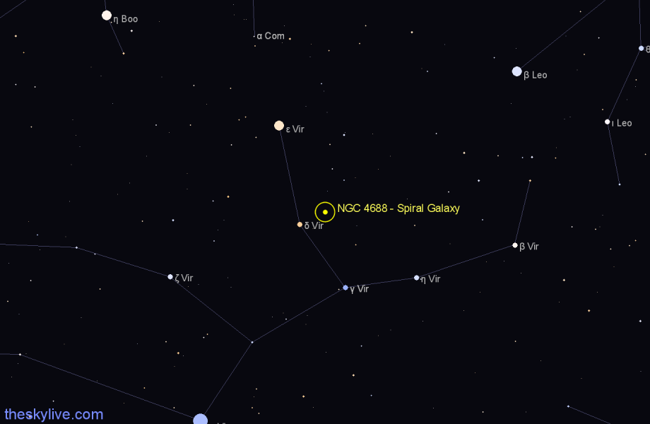 Finder chart NGC 4688 - Spiral Galaxy in Virgo star