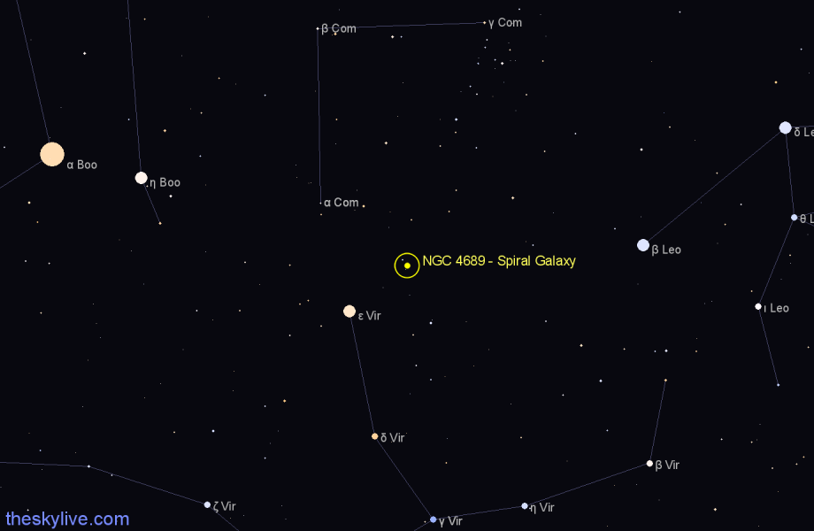 Finder chart NGC 4689 - Spiral Galaxy in Coma Berenices star