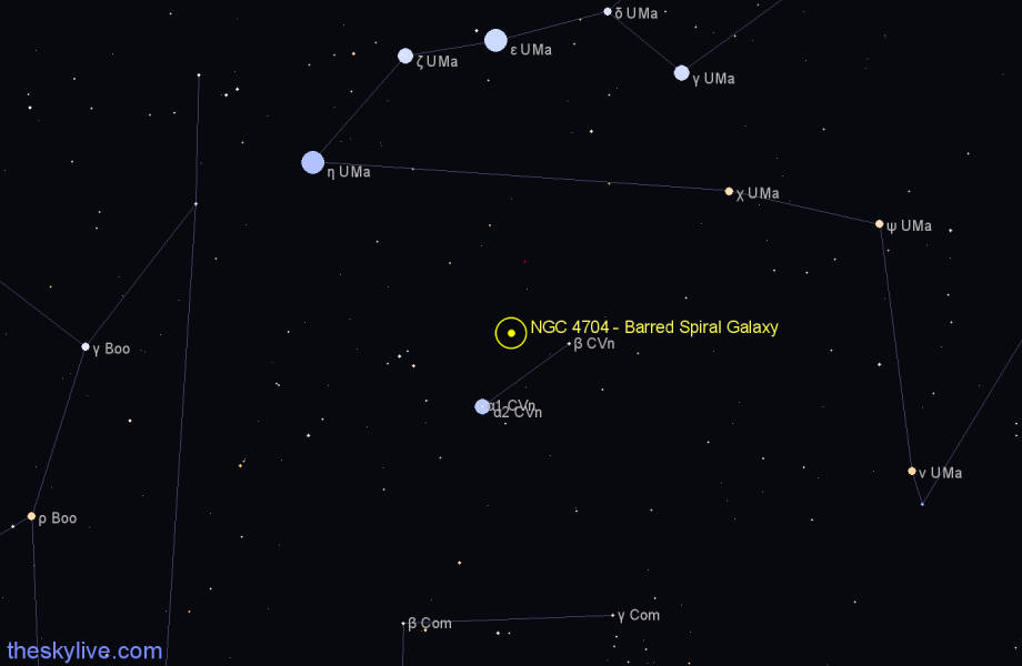 Finder chart NGC 4704 - Barred Spiral Galaxy in Canes Venatici star