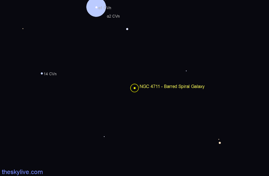 Finder chart NGC 4711 - Barred Spiral Galaxy in Canes Venatici star