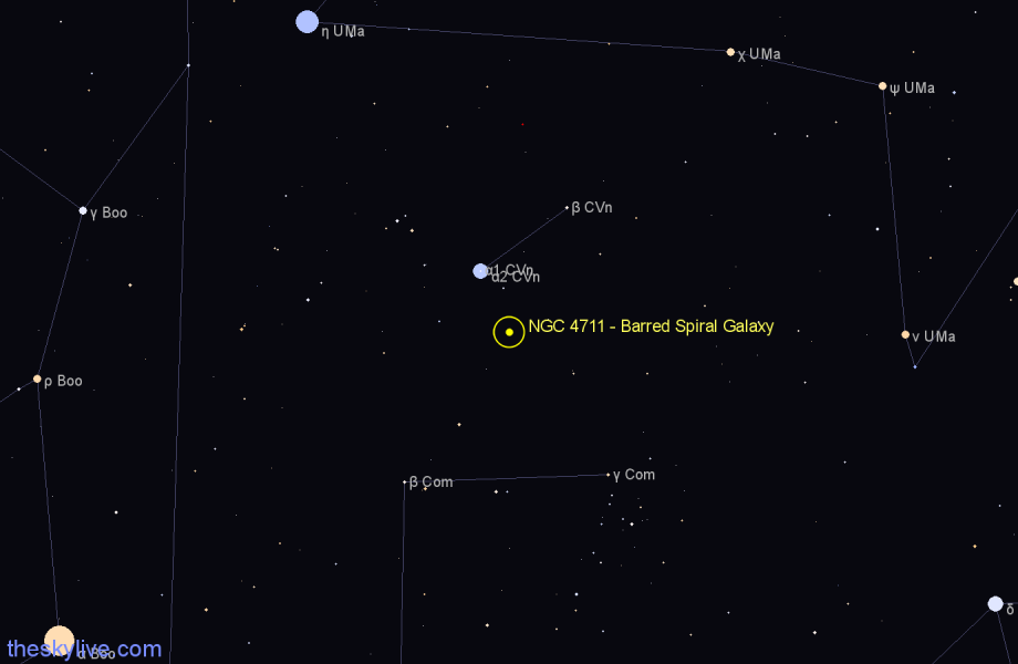 Finder chart NGC 4711 - Barred Spiral Galaxy in Canes Venatici star