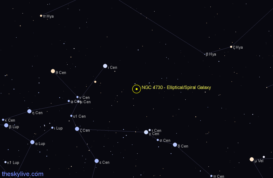 Finder chart NGC 4730 - Elliptical/Spiral Galaxy in Centaurus star