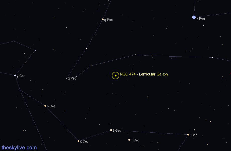 Finder chart NGC 474 - Lenticular Galaxy in Pisces star