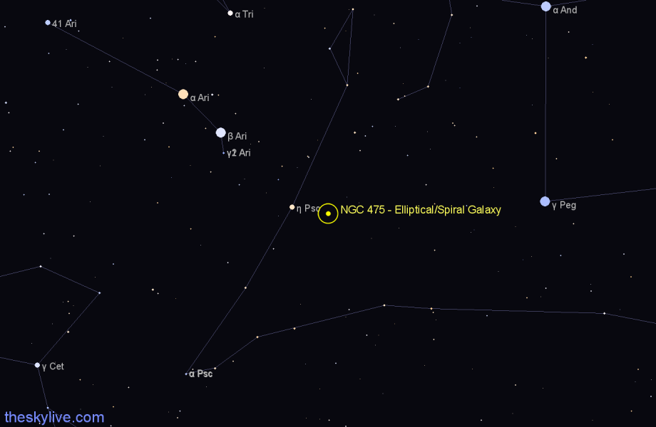 Finder chart NGC 475 - Elliptical/Spiral Galaxy in Pisces star