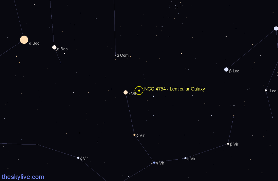 Finder chart NGC 4754 - Lenticular Galaxy in Virgo star
