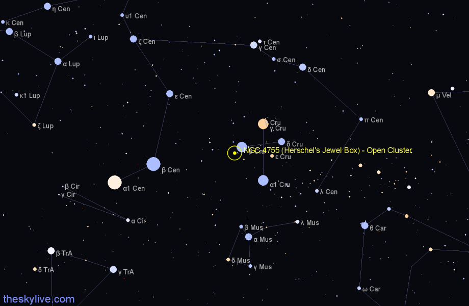 Finder chart NGC 4755 (Herschel's Jewel Box) - Open Cluster in Crux star