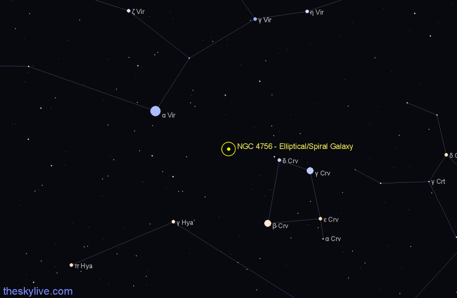 Finder chart NGC 4756 - Elliptical/Spiral Galaxy in Corvus star