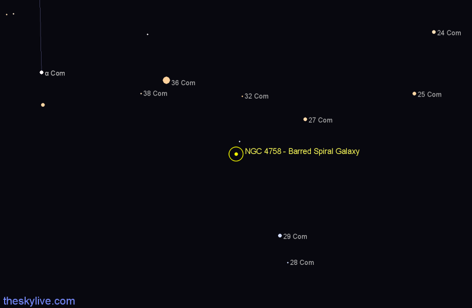 Finder chart NGC 4758 - Barred Spiral Galaxy in Coma Berenices star