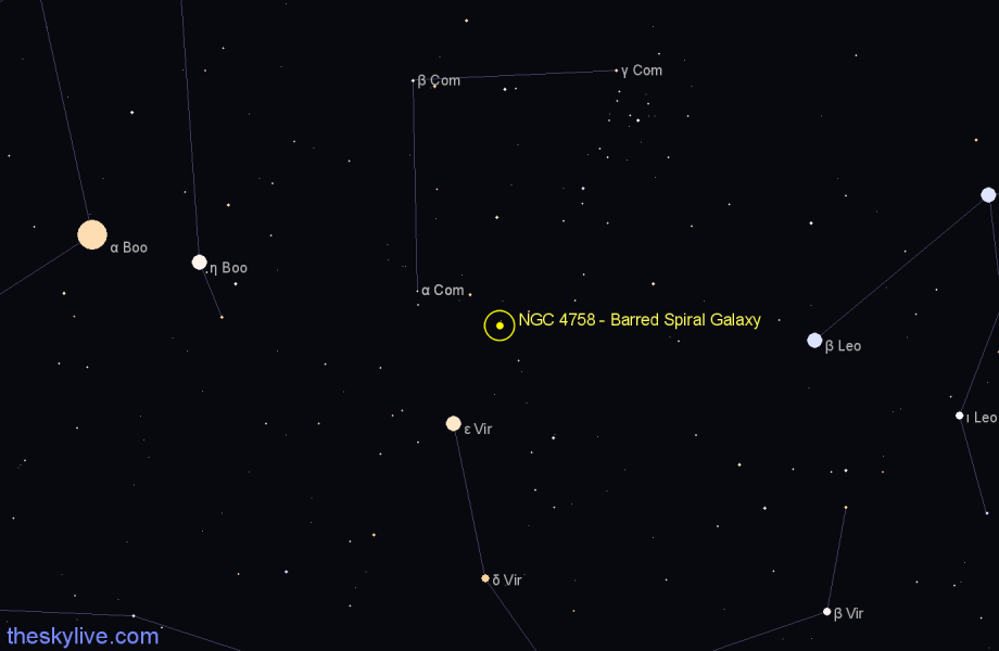 Finder chart NGC 4758 - Barred Spiral Galaxy in Coma Berenices star