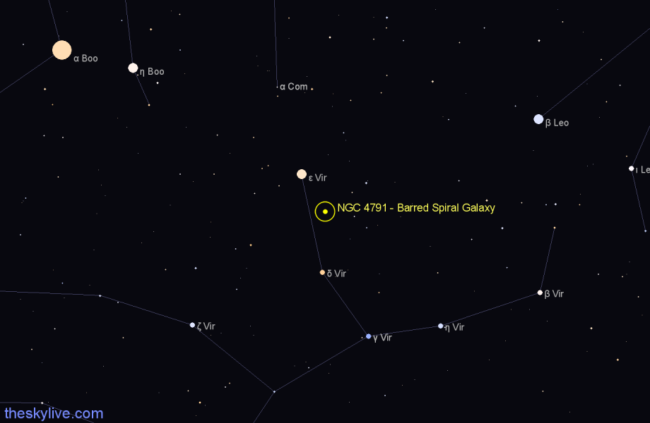 Finder chart NGC 4791 - Barred Spiral Galaxy in Virgo star