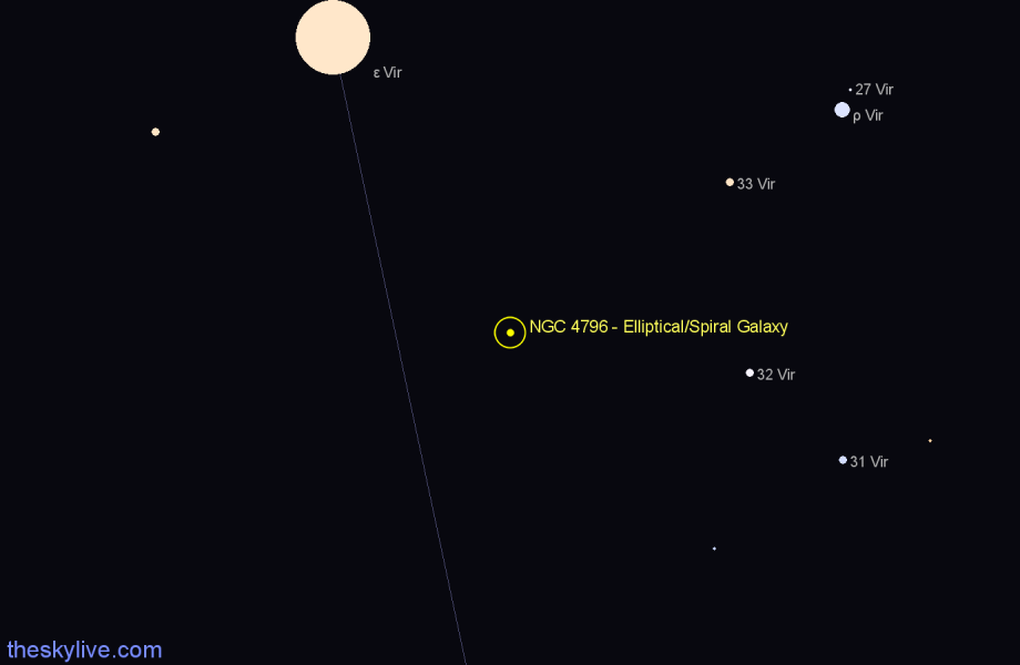 Finder chart NGC 4796 - Elliptical/Spiral Galaxy in Virgo star