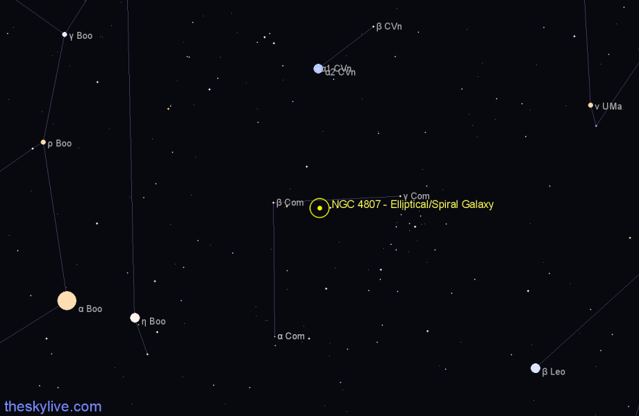 Finder chart NGC 4807 - Elliptical/Spiral Galaxy in Coma Berenices star