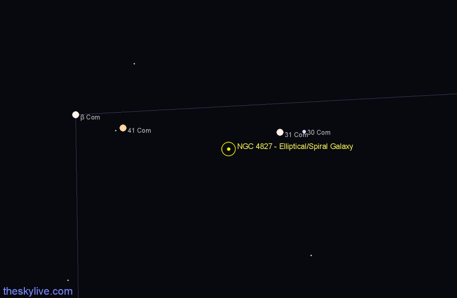 Finder chart NGC 4827 - Elliptical/Spiral Galaxy in Coma Berenices star