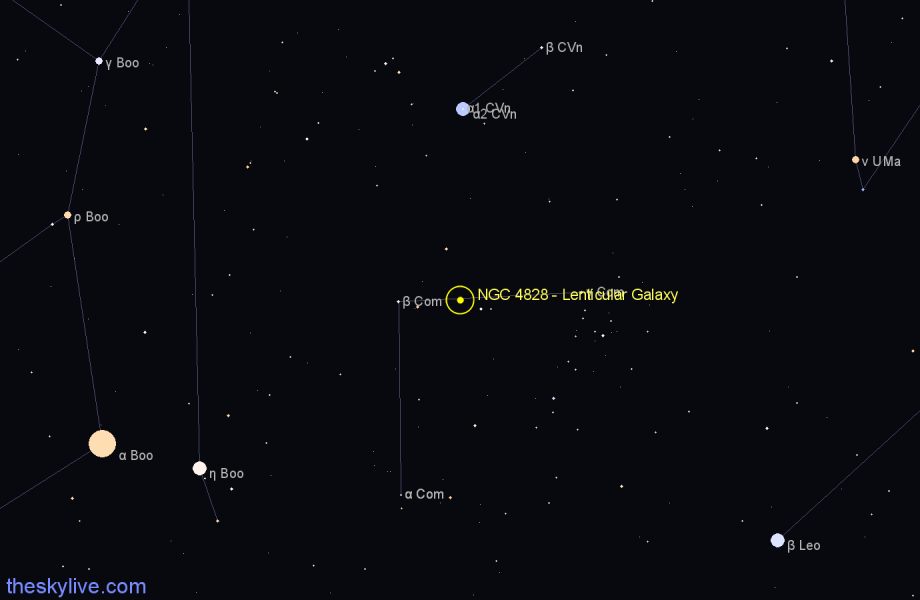 Finder chart NGC 4828 - Lenticular Galaxy in Coma Berenices star