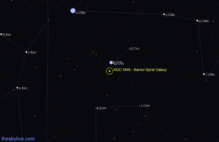 Finder chart NGC 4846 - Barred Spiral Galaxy in Canes Venatici star