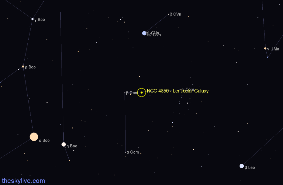 Finder chart NGC 4850 - Lenticular Galaxy in Coma Berenices star