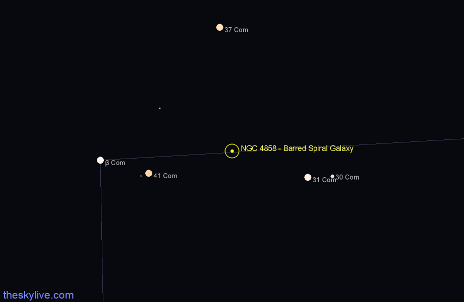 Finder chart NGC 4858 - Barred Spiral Galaxy in Coma Berenices star