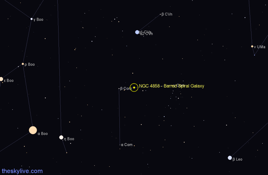 Finder chart NGC 4858 - Barred Spiral Galaxy in Coma Berenices star