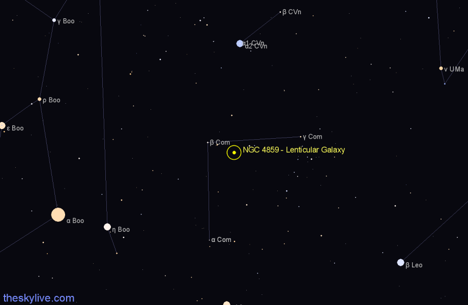 Finder chart NGC 4859 - Lenticular Galaxy in Coma Berenices star