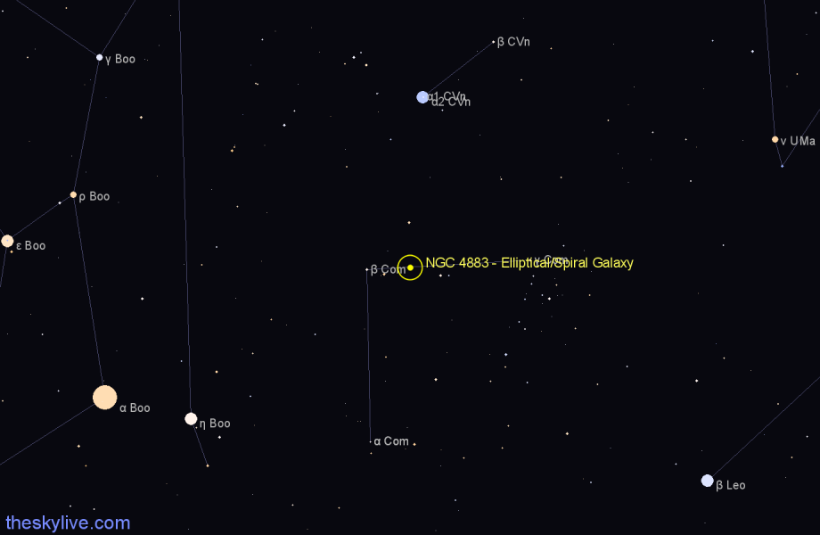 Finder chart NGC 4883 - Elliptical/Spiral Galaxy in Coma Berenices star