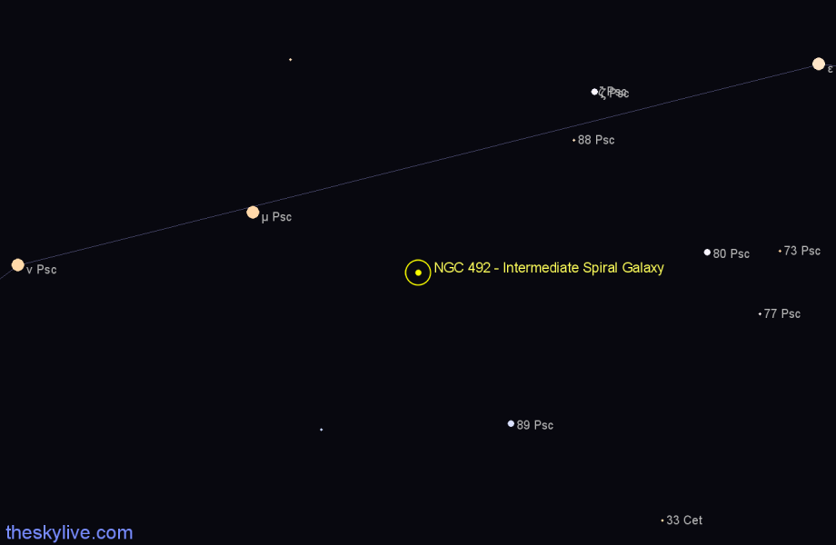 Finder chart NGC 492 - Intermediate Spiral Galaxy in Pisces star