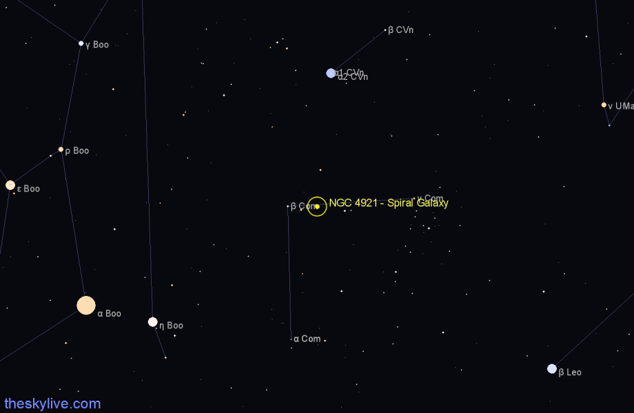 Finder chart NGC 4921 - Spiral Galaxy in Coma Berenices star