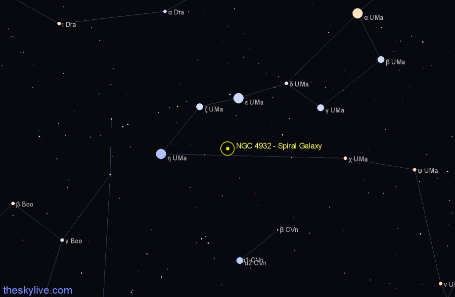 Finder chart NGC 4932 - Spiral Galaxy in Canes Venatici star