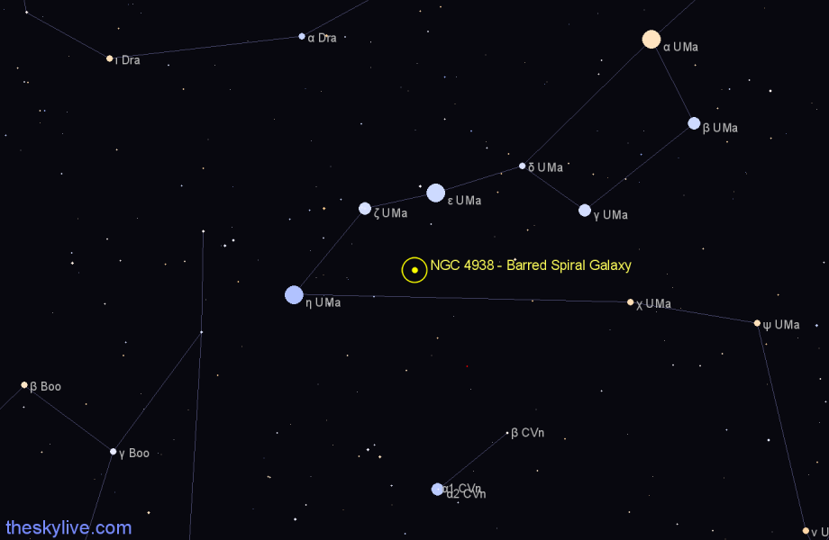 Finder chart NGC 4938 - Barred Spiral Galaxy in Canes Venatici star