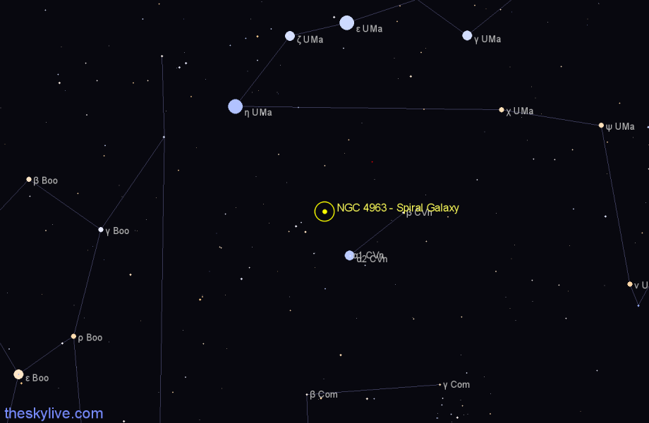 Finder chart NGC 4963 - Spiral Galaxy in Canes Venatici star