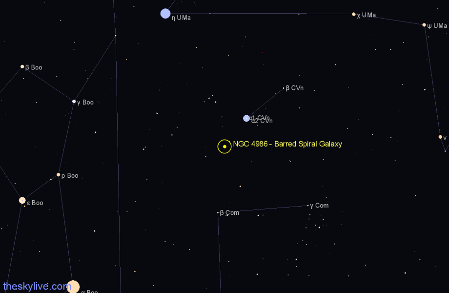 Finder chart NGC 4986 - Barred Spiral Galaxy in Canes Venatici star
