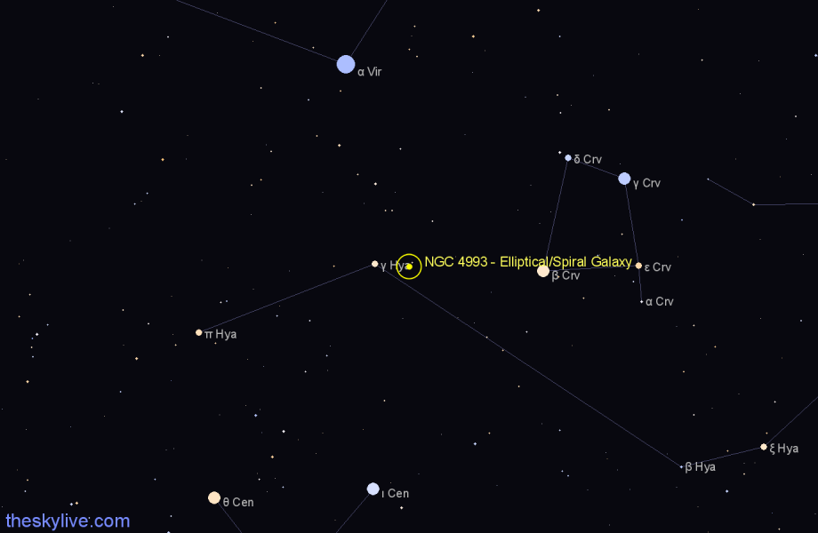 Finder chart NGC 4993 - Elliptical/Spiral Galaxy in Hydra star