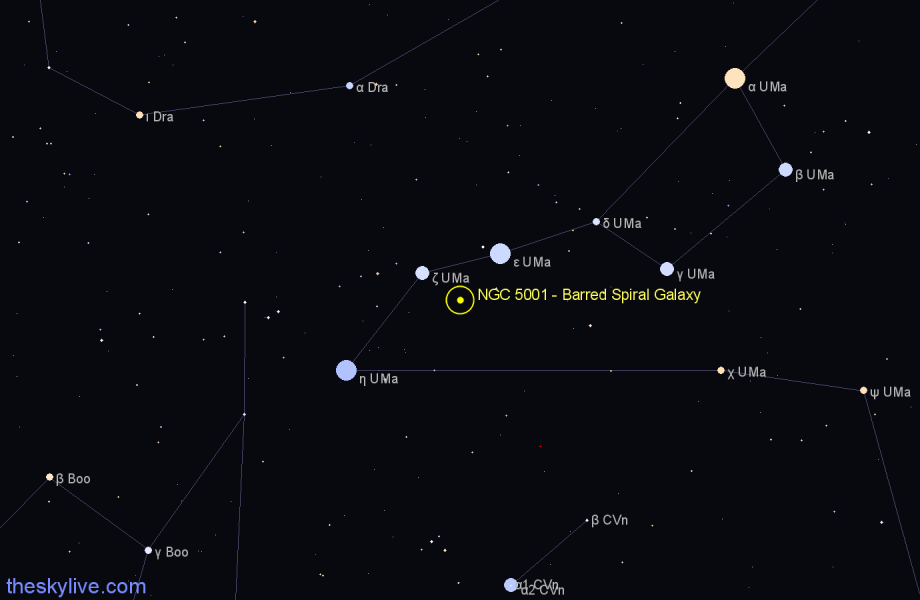 Finder chart NGC 5001 - Barred Spiral Galaxy in Ursa Major star