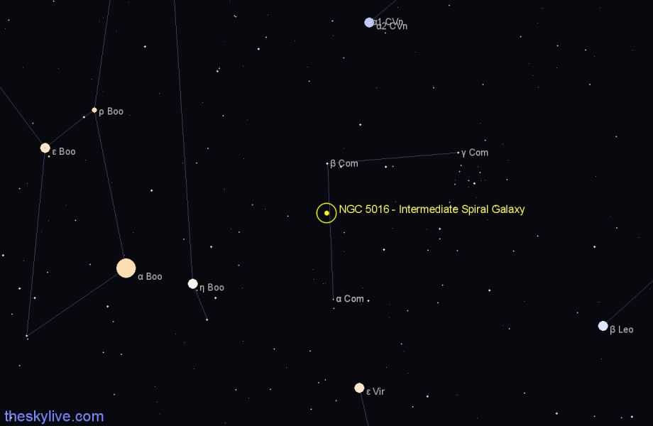 Finder chart NGC 5016 - Intermediate Spiral Galaxy in Coma Berenices star