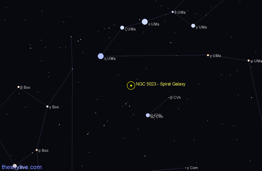 Finder chart NGC 5023 - Spiral Galaxy in Canes Venatici star