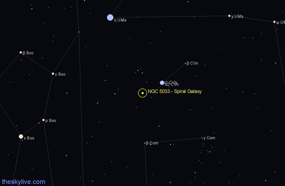 Finder chart NGC 5033 - Spiral Galaxy in Canes Venatici star