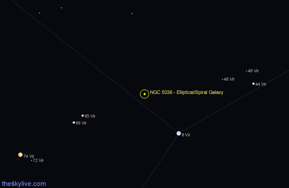 Finder chart NGC 5036 - Elliptical/Spiral Galaxy in Virgo star