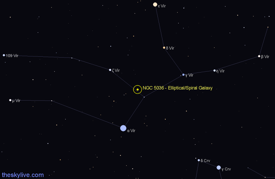 Finder chart NGC 5036 - Elliptical/Spiral Galaxy in Virgo star