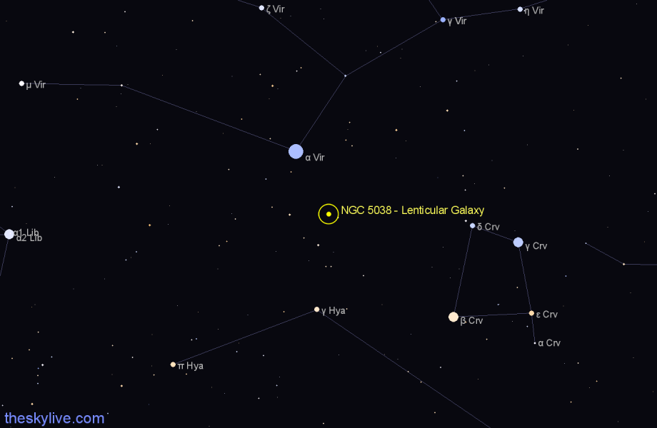 Finder chart NGC 5038 - Lenticular Galaxy in Virgo star