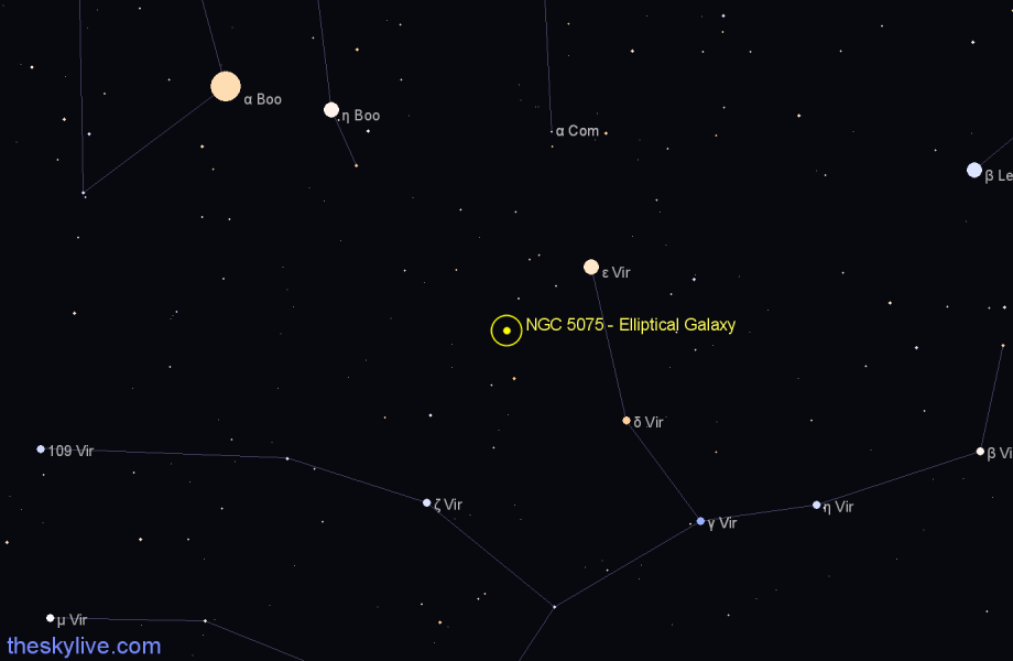 Finder chart NGC 5075 - Elliptical Galaxy in Virgo star