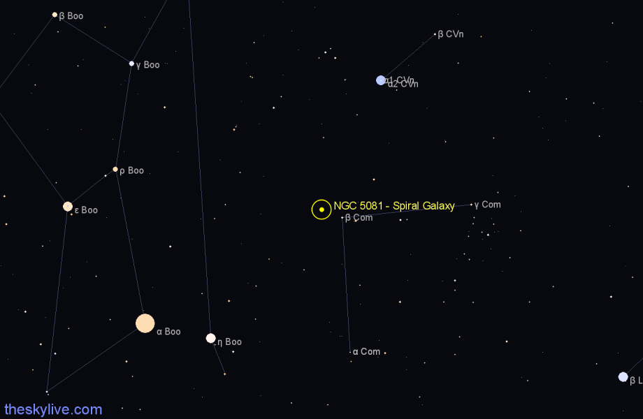 Finder chart NGC 5081 - Spiral Galaxy in Coma Berenices star