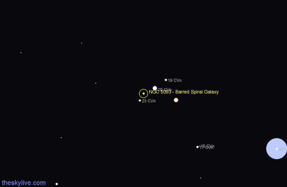 Finder chart NGC 5093 - Barred Spiral Galaxy in Canes Venatici star