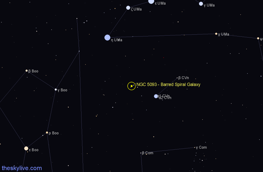 Finder chart NGC 5093 - Barred Spiral Galaxy in Canes Venatici star