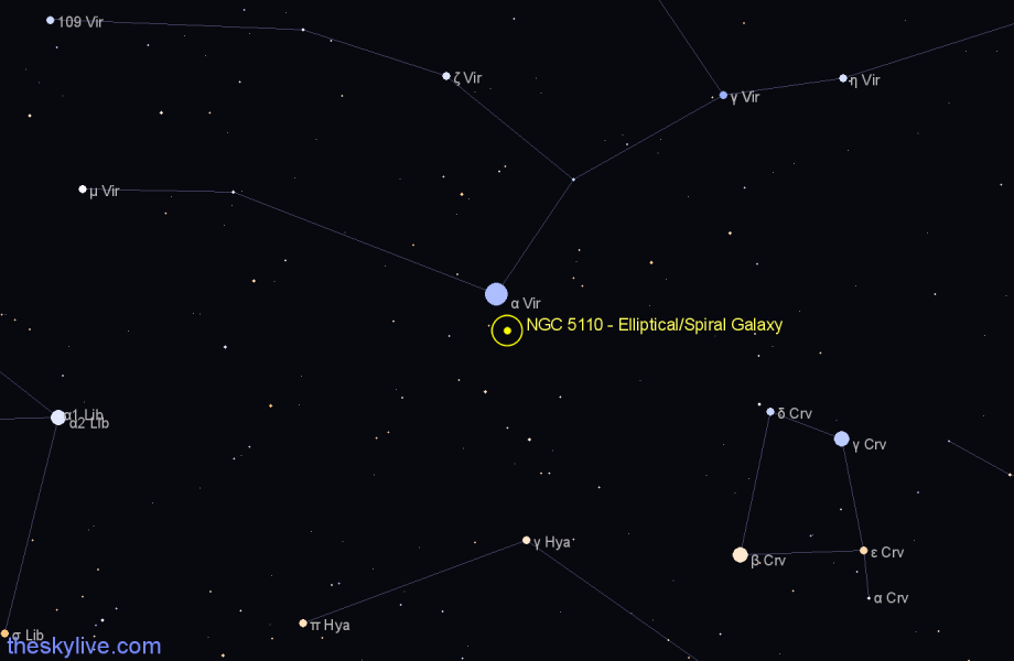 Finder chart NGC 5110 - Elliptical/Spiral Galaxy in Virgo star