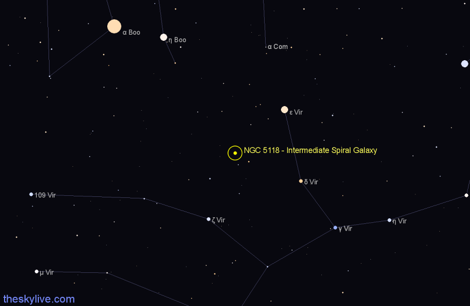 Finder chart NGC 5118 - Intermediate Spiral Galaxy in Virgo star