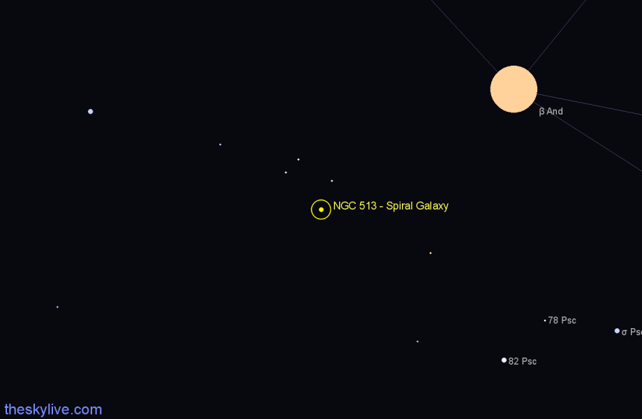 Finder chart NGC 513 - Spiral Galaxy in Andromeda star